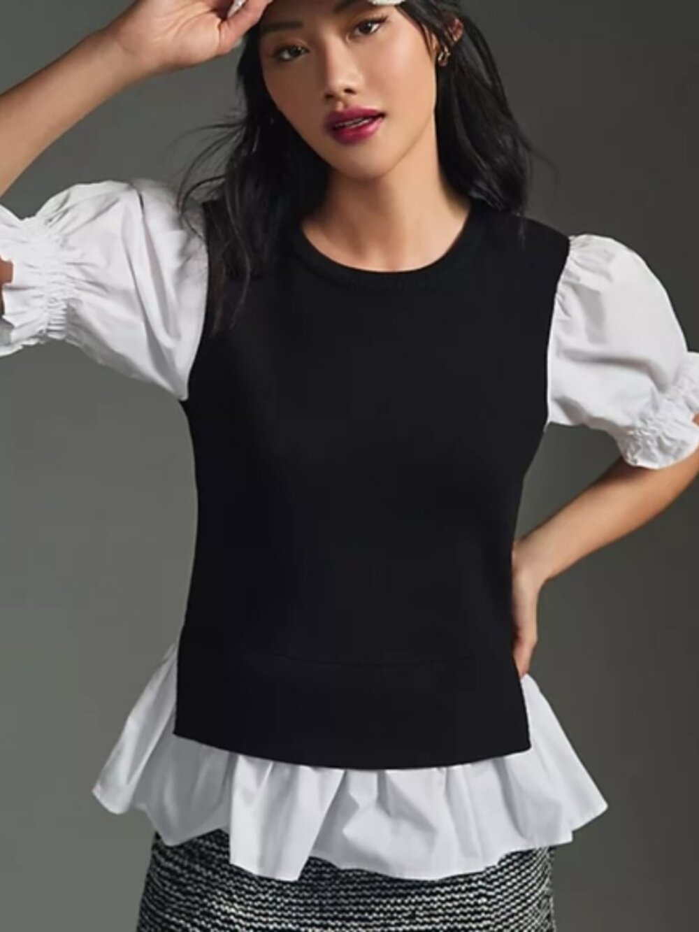 Anthropologie Layered White Puff Poplin-Sleeve Sweater Medium